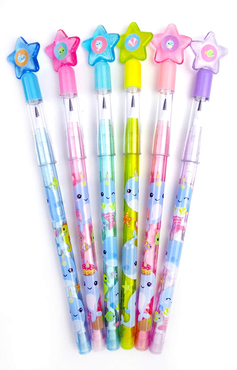 TINYMILLS 24 Pcs Narwhal Multi Point Pencils Stackable Stacking Push Pencils Assortment with Eraser for Girl Birthday Party Favor Goodie Bag Stuffers Carnival Prizes Classroom Rewards - Image 2